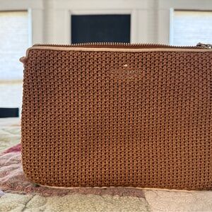 kate spade woven straw zip pouch in warm brown